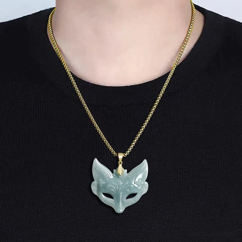 Fox mask jade necklace multiple angle showcase, displaying carved details, pendant proportions, and chain quality