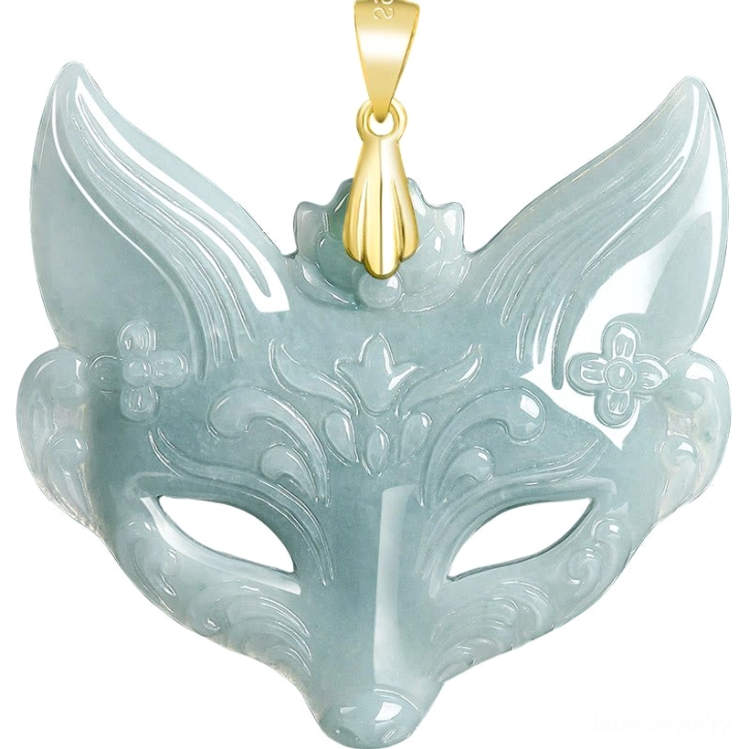 Fox mask jade pendant necklace artistic composition, highlighting the symbolism of protection, fortune, and Eastern wisdom