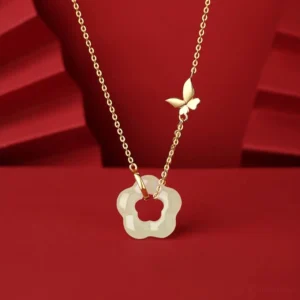 22k gold plated sterling silver butterfly Hetian jade flower necklace pendant, luxury jade jewelry