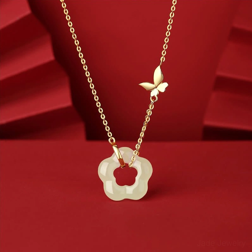 22k gold plated sterling silver butterfly Hetian jade flower necklace pendant, luxury jade jewelry