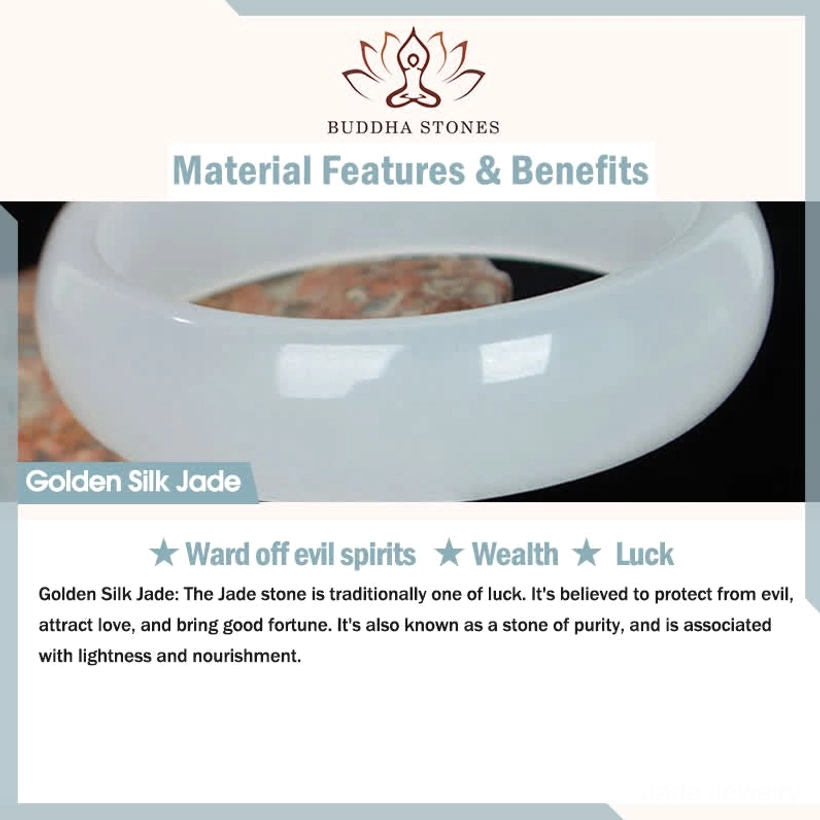 Golden silk jade benefits card explaining luck wealth and protection properties of authentic jade stone