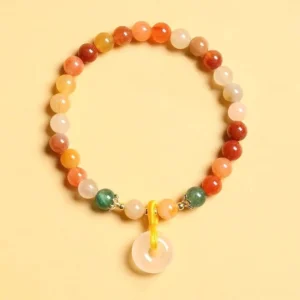 Golden Silk Jade Peace Buckle Beaded Bracelet with 14K Gold Plating - Overhead Flat Lay View