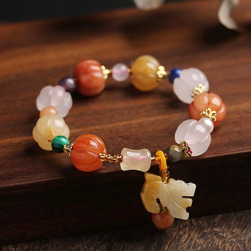 Golden silk jade and pixiu charm bracelet handmade natural gemstone stretch bracelet
