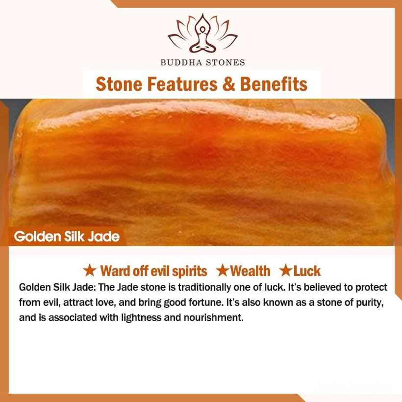 Golden Silk Jade properties and benefits infographic highlighting luck protection and purity symbolism