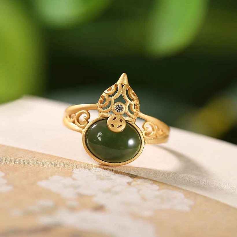Gourd cyan jade copper coin adjustable ring flat lay vintage desktop display
