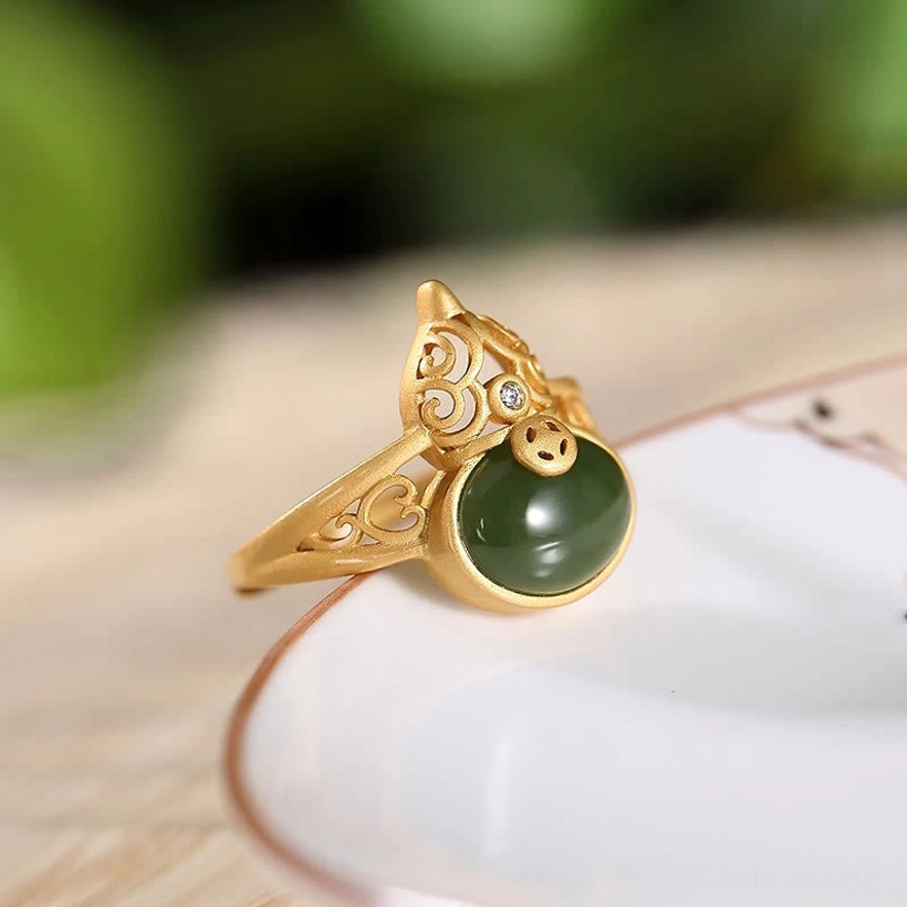 Cyan jade ring structural design hollow gold base side profile