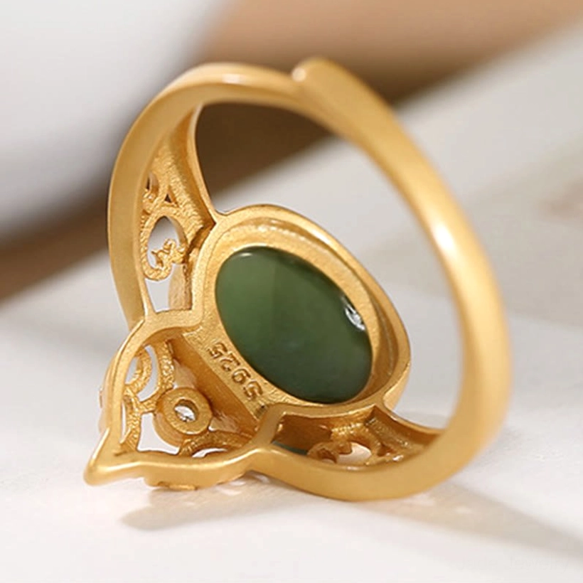 Gourd jade ring back view inner stamp S925 hollow gold base rear