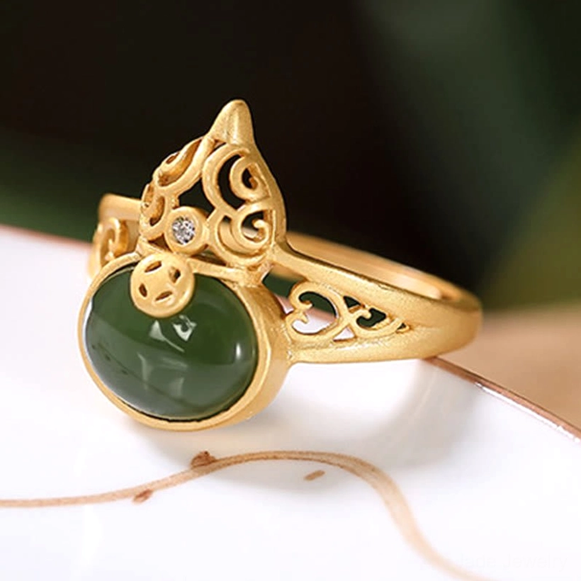 Adjustable gourd jade ring side carving hollow gold ceramic background