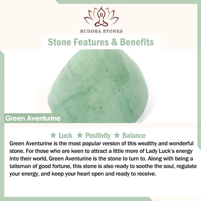 Green Aventurine healing crystal bracelet benefits - luck, positivity, balance infographic