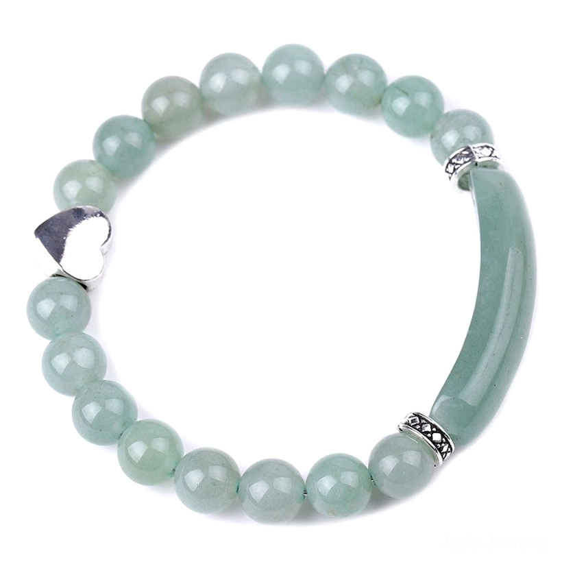 Green aventurine heart beaded bracelet with polished gemstone beads and silver heart clasp