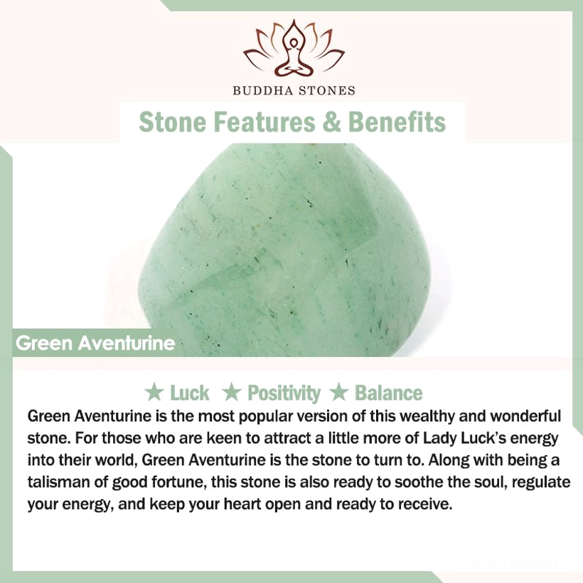Green aventurine lucky stone infographic highlighting prosperity and abundance benefits