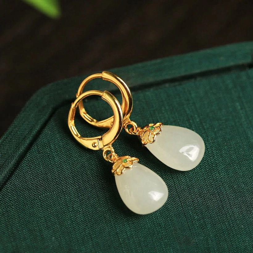 Green chalcedony water drop earrings lifestyle wear photography showing comfort everyday elegance natural stone