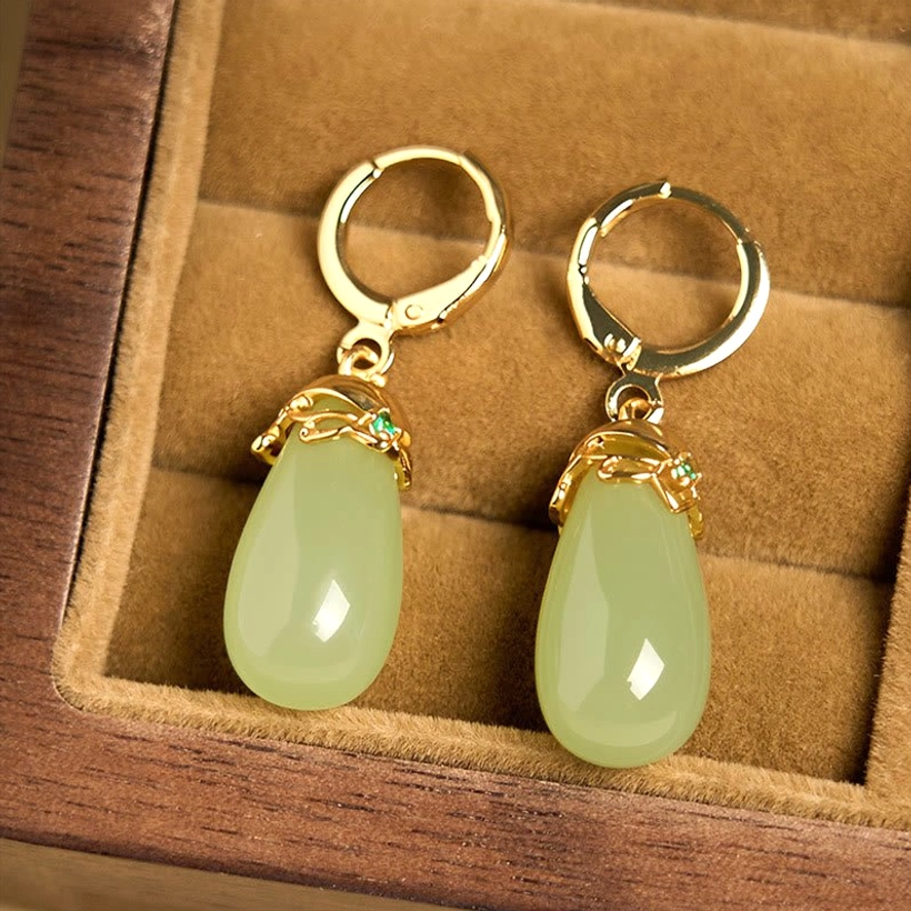 Green chalcedony jade earrings in lined jewelry box with gold hoop earring posts vintage floral metal fittings light green jade pendant