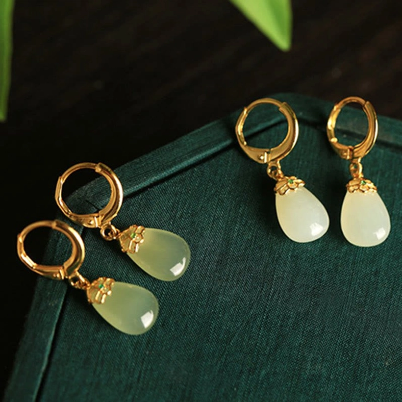 Green chalcedony water drop earrings size reference dimensions showing scale proportion pale green jade stone authenticity