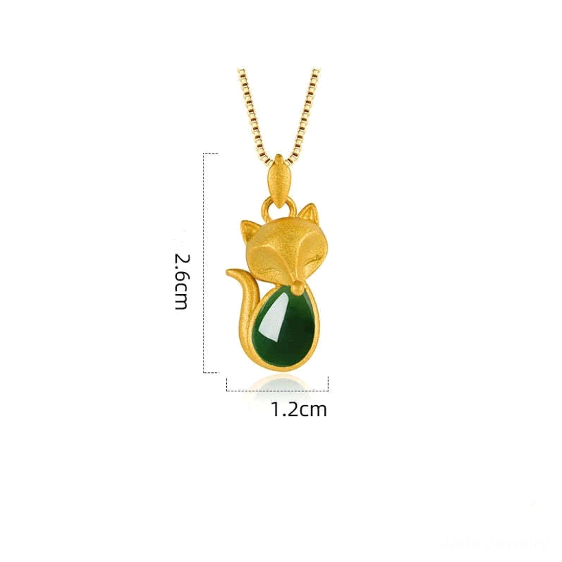 Green chalcedony fox pendant handcrafted necklace - lifestyle and detail showcase image