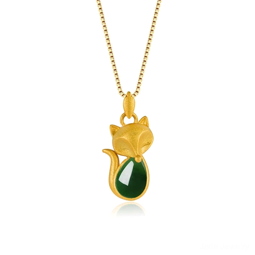 Green chalcedony fox gold necklace pendant - front isolated view on white background with full chain
