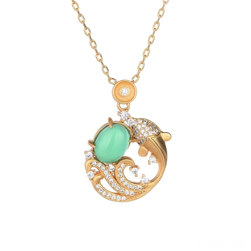 Complete green chalcedony koi fish necklace pendant lying flat showing full design and proportions