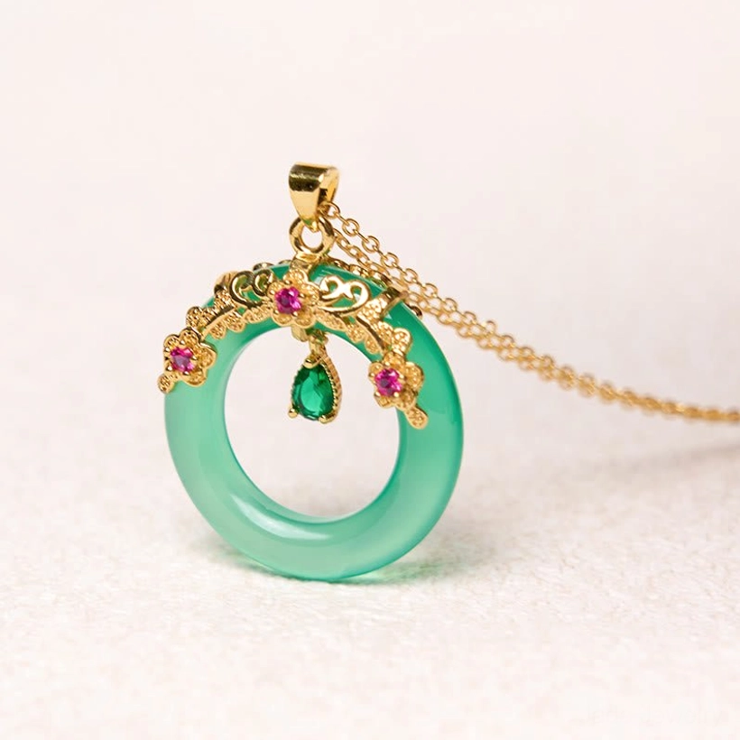 Green chalcedony peace buckle strength necklace pendant display