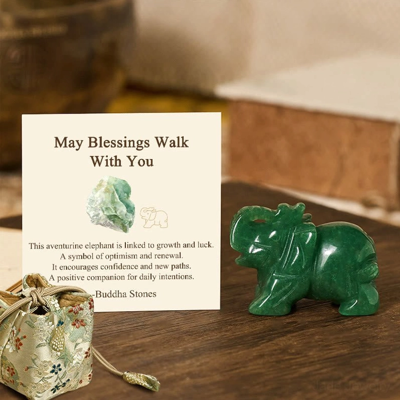Green healing stone elephant figurine for luck growth and positive intention