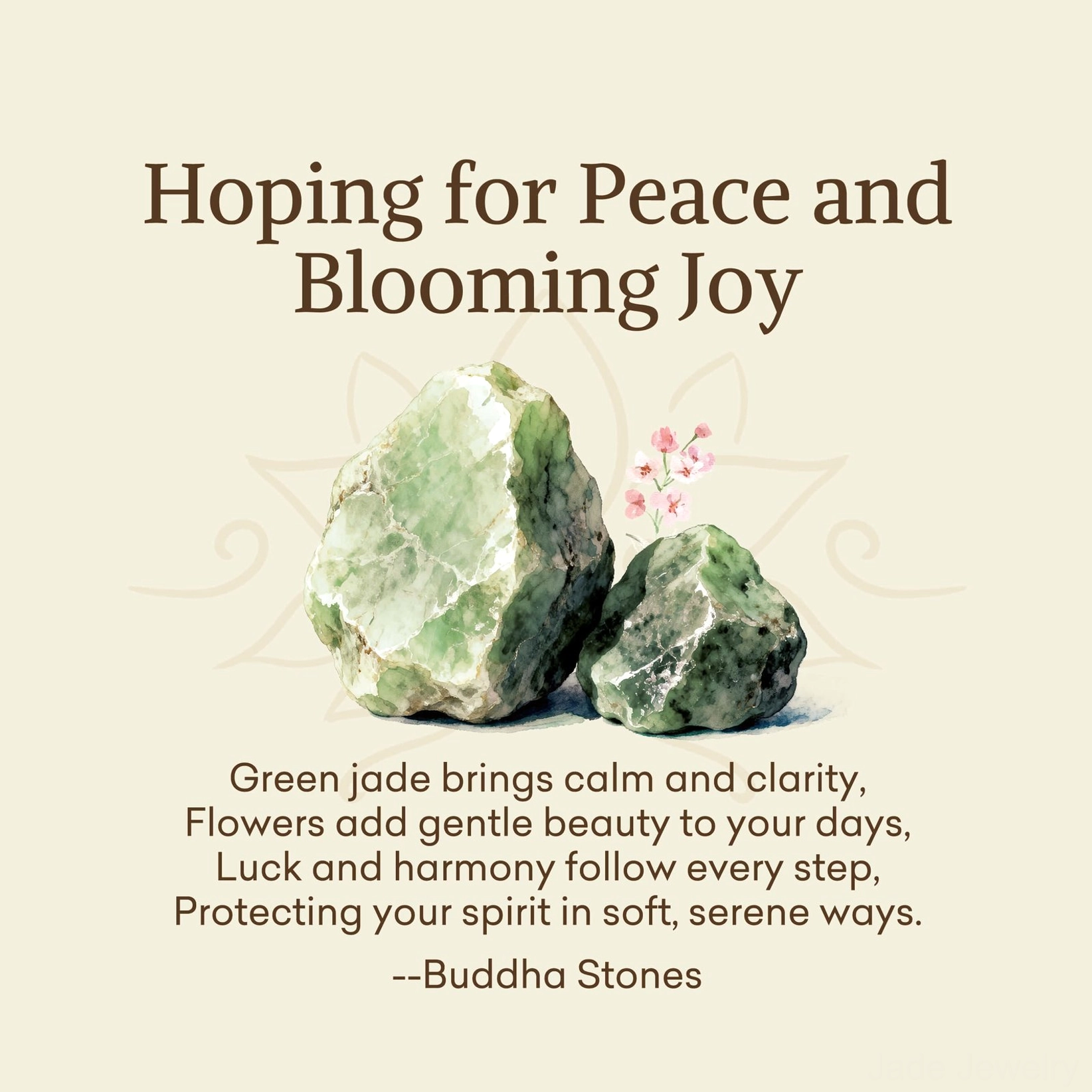 Promotional card with 'Hoping for Peace and Blooming Joy' slogan and Chinese jade wellness messaging