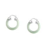 Green jade hoop earrings front view on white background, polished natural jade with silver metal closures
