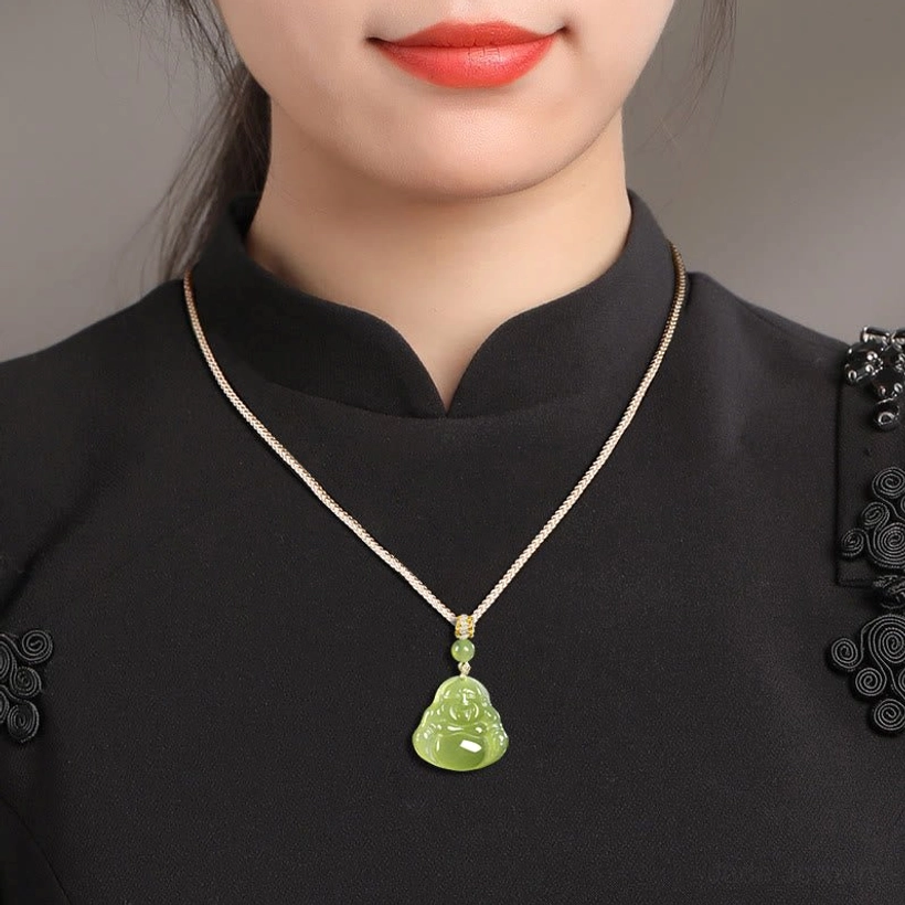 Natural green jade Laughing Buddha pendant necklace with adjustable braided rope worn styling