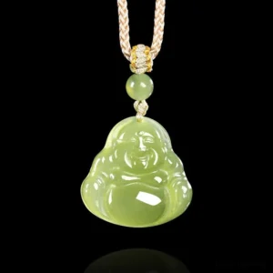 Natural green jade Laughing Buddha pendant necklace with braided rope, front flat view on studio background