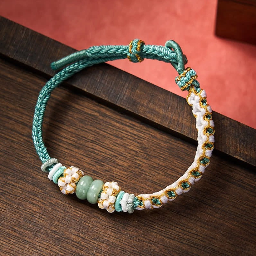 Green peach blossom jade bracelet adjustable red cord luck
