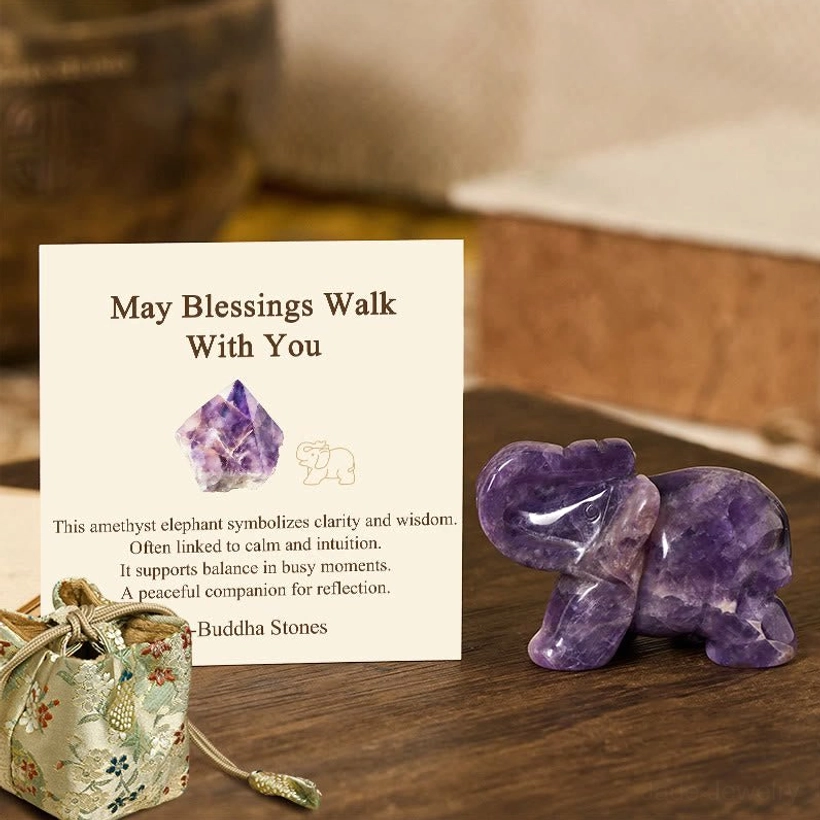 Hand-carved healing stone elephant with natural crystal properties and positive energy