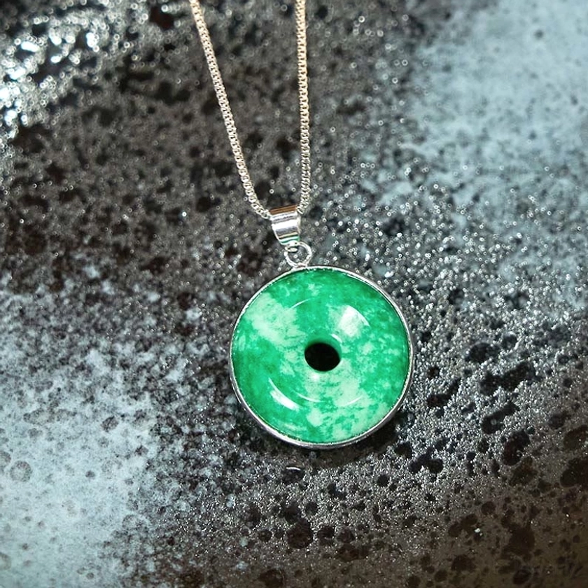 Handmade cyan jade peace buckle necklace - natural color variations and organic stone texture proof of authenticity