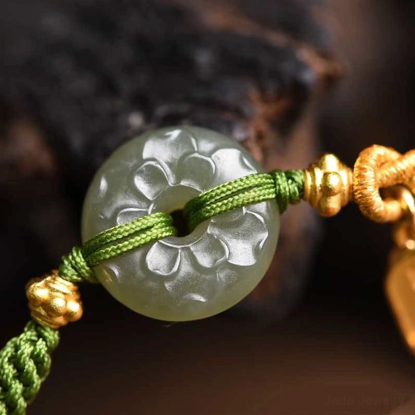 Handmade green jade peace buckle bracelet product display angle