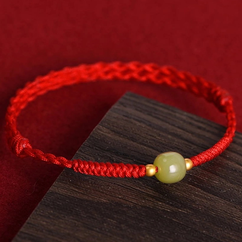 Handmade Hetian jade red string bracelet prosperity charm