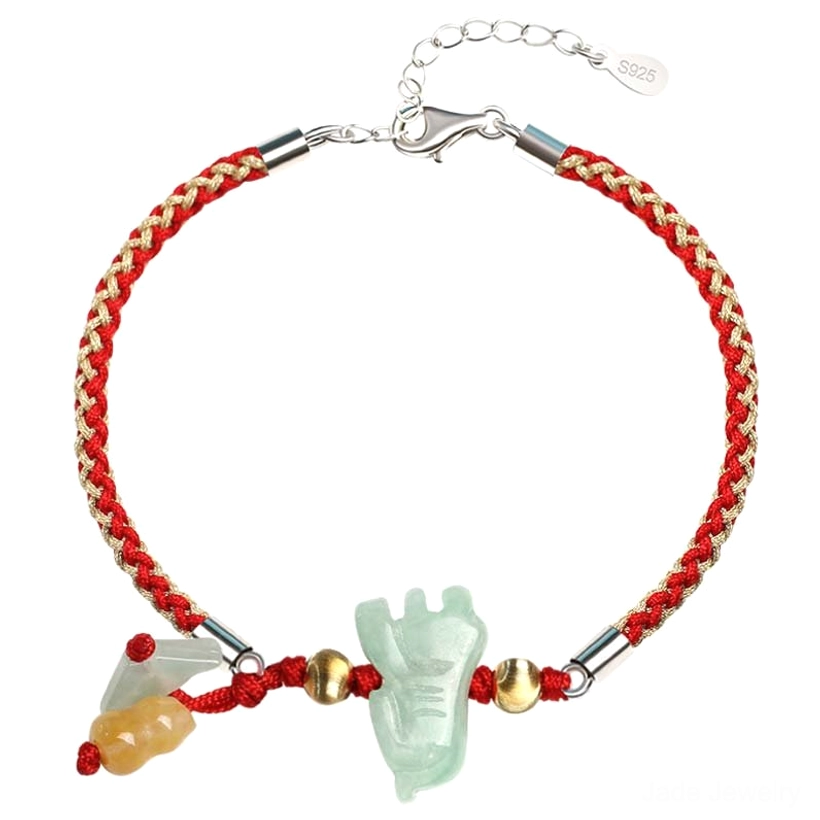 Handmade zodiac jade prosperity bracelet and anklet showing natural stone variation and artisan craftsmanship with red protection cord