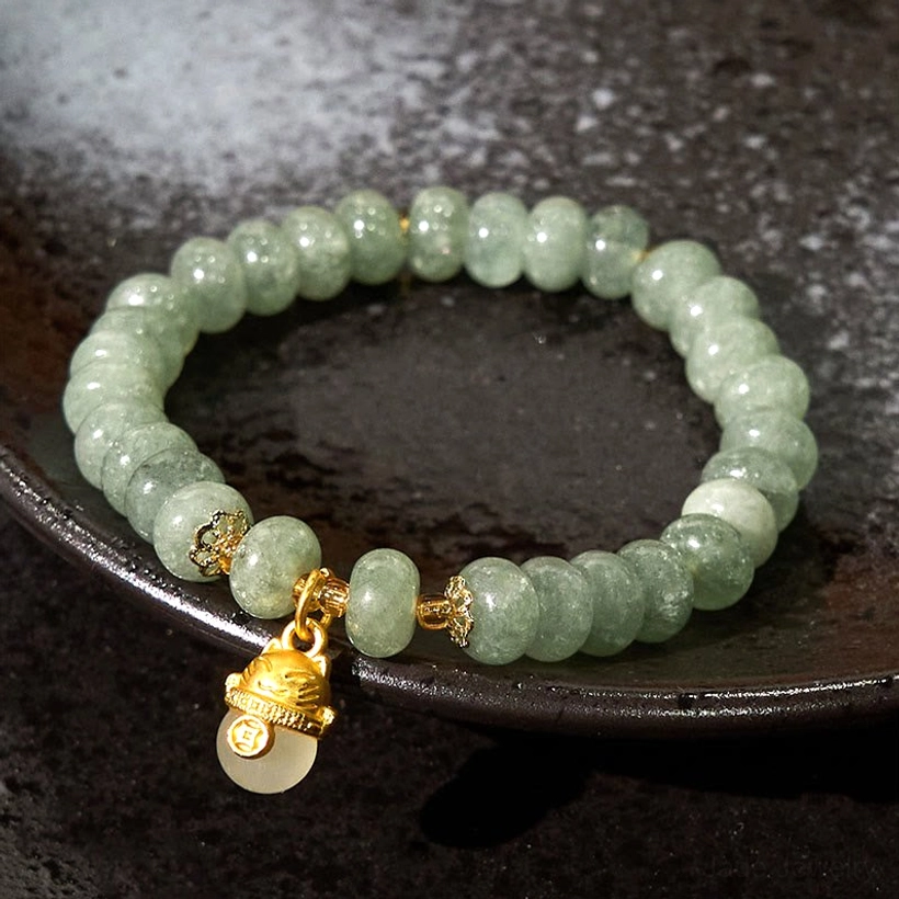 Beaded Healing Jade Bracelet with Lucky Cat Charm - Natural Stone Presentation