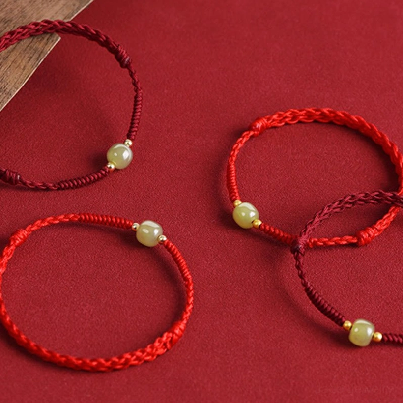 Hetian jade 14K gold beads dark red rope bracelet luck talisman