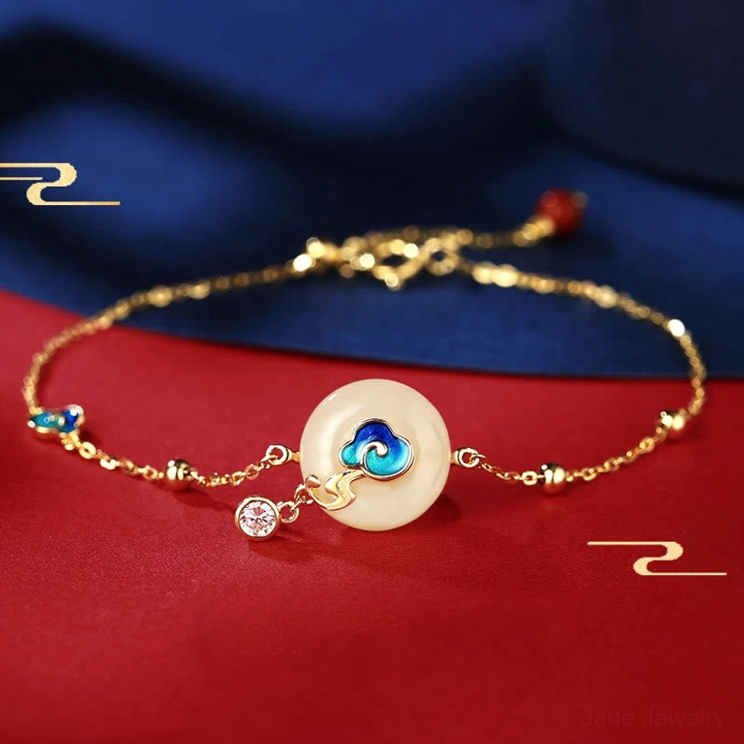 Hetian jade auspicious clouds bracelet with sterling silver chain and blue enamel cloud charm featuring jade peace buckle pendant