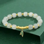 Hetian white jade bamboo bracelet with 925 sterling silver charm in luxury green gift box presentation