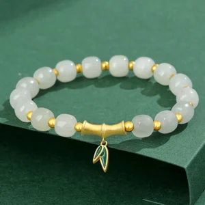 Hetian white jade bamboo bracelet with 925 sterling silver charm in luxury green gift box presentation