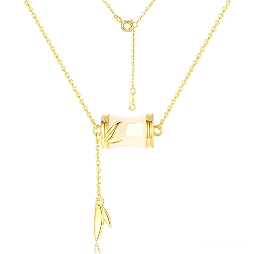 Hetian white jade bamboo Y-lariat necklace with polished gold chain and adjustable 5cm extender on white background, showing full length and pendant dimensions for sizing reference