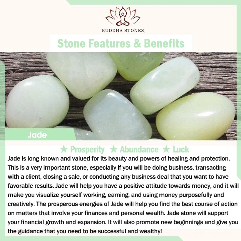 Jade stone benefits infographic - luck prosperity and healing properties with wooden background