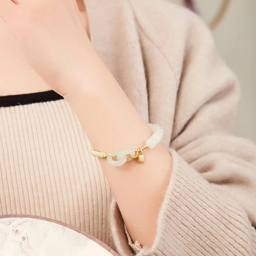 Hetian jade peace buckle braided bracelet multiple angles product showcase