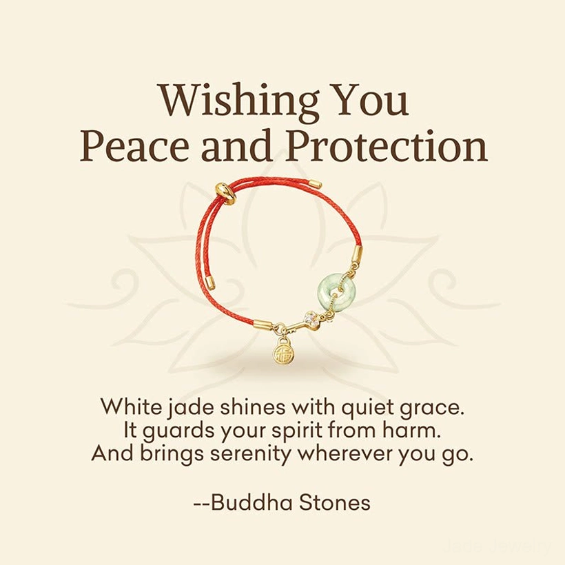 Promotional graphic of jade peace bracelet with wishing quote on lotus pattern beige background