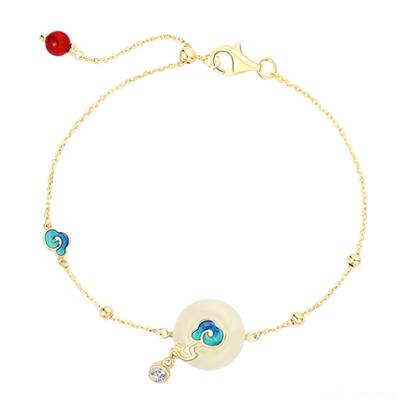 Side view of Hetian jade auspicious clouds bracelet showing gold-plated chain, lobster clasp, jade pendant and red bead size adjuster