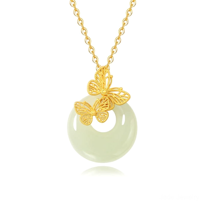 Single butterfly hetian jade pendant necklace against white background, showcasing the smooth jade donut and delicate silver butterfly ornament