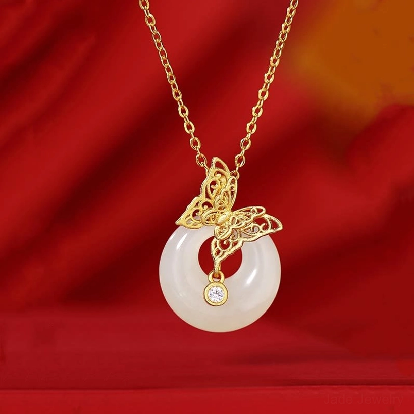 Single butterfly hetian jade pendant necklace with 925 sterling silver chain, showcasing authentic natural jade and delicate butterfly pendant design