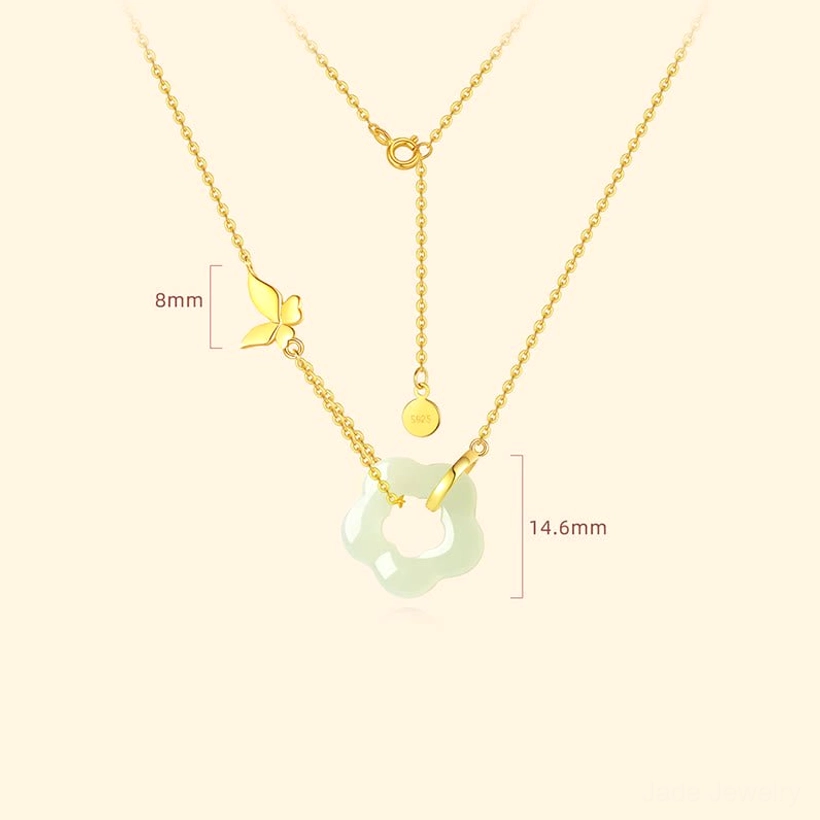 Hetian jade butterfly flower necklace size specification showing 14.6mm flower pendant and 8mm butterfly charm dimensions