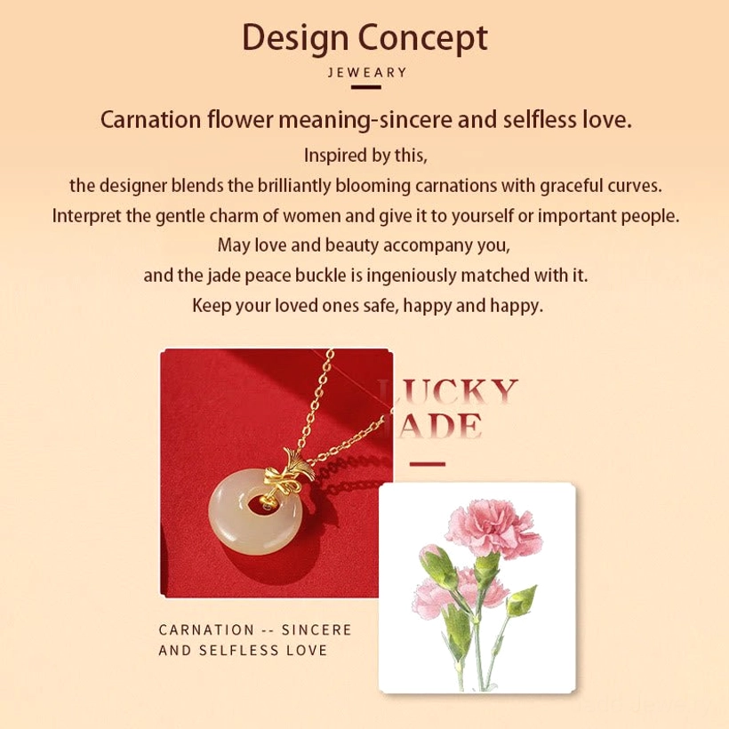 Hetian jade carnation blessing necklace design concept poster for gifting and prosperity