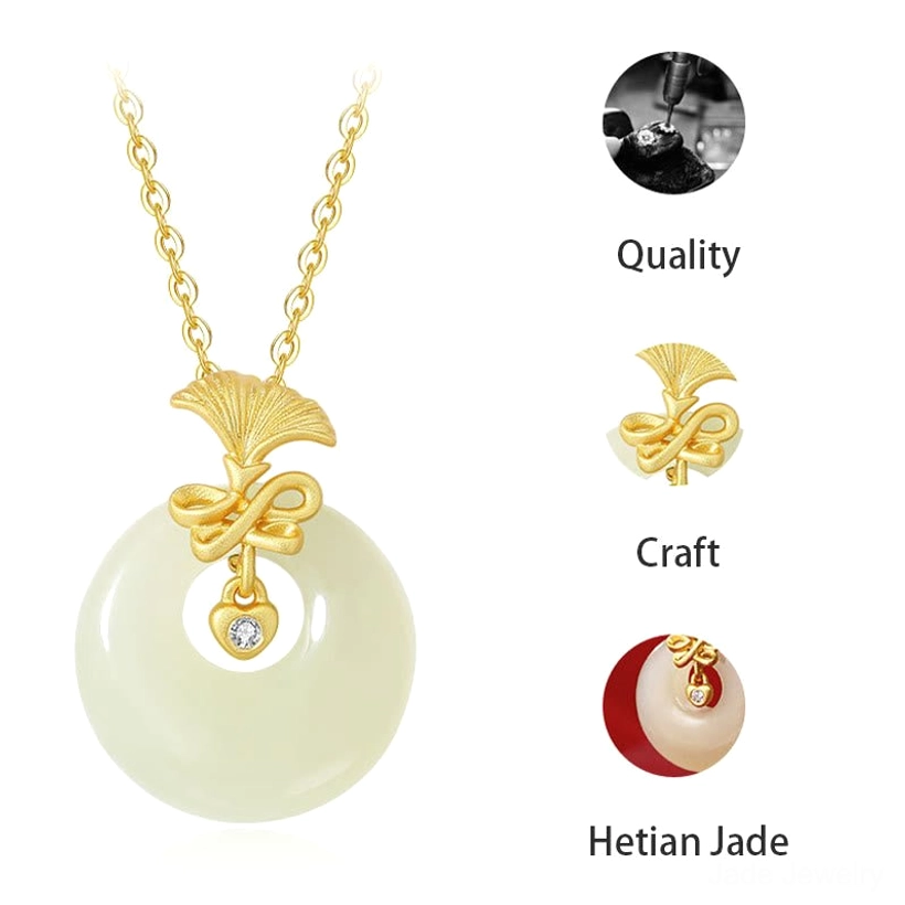 Hetian jade carnation necklace with annotated tags highlighting quality, handcraft, and jade material specifications