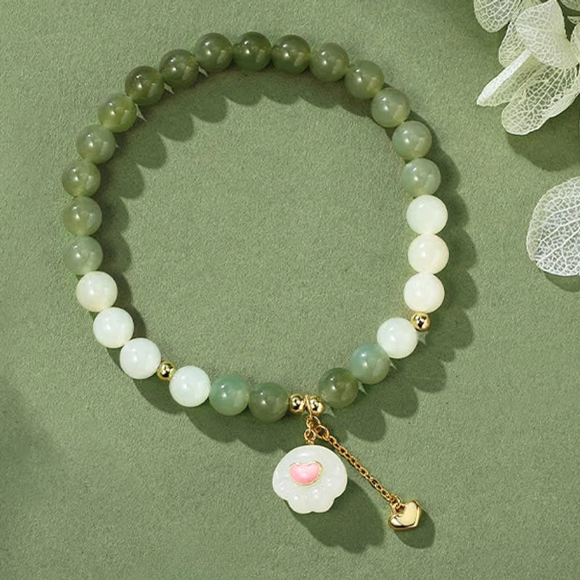 Hetian jade cat paw bracelet with ombre green beads and white accent beads on gold chain pendant
