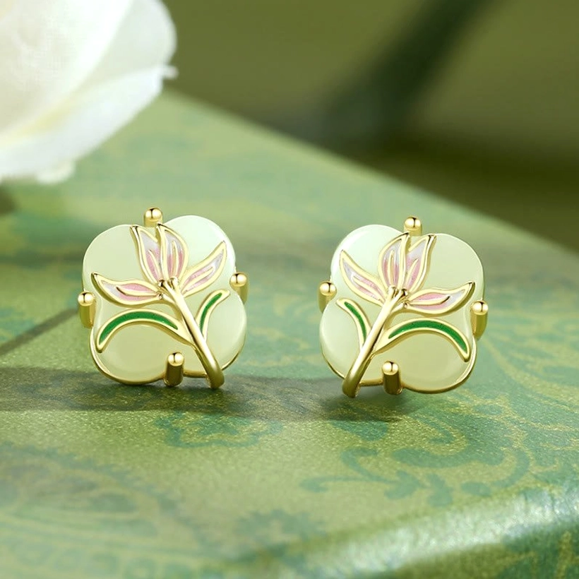 Hetian jade four leaf clover stud earrings with 14k gold plating and matching necklace product showcase